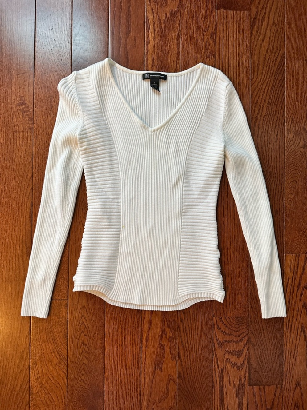 INC International Concepts Cream Ribbed V-Neck Sweater Top